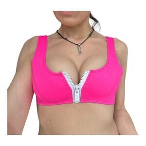 Hoaka Women's bright pink Front Zipper Scuba Swimwear Bikini Top petite small​